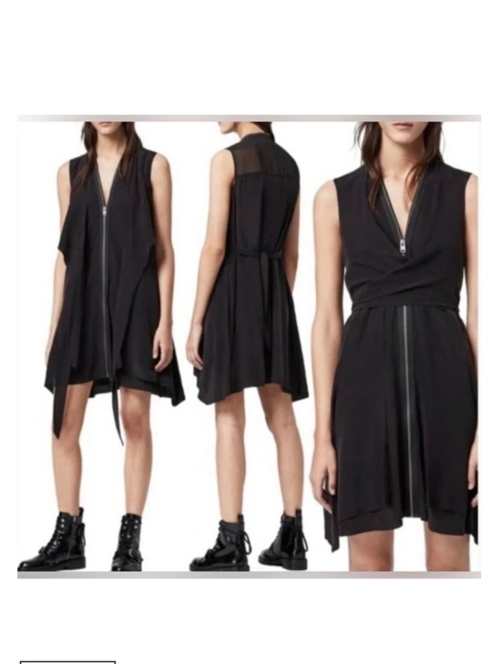 AllSaints Black Zip-Front Draped Mini Dress